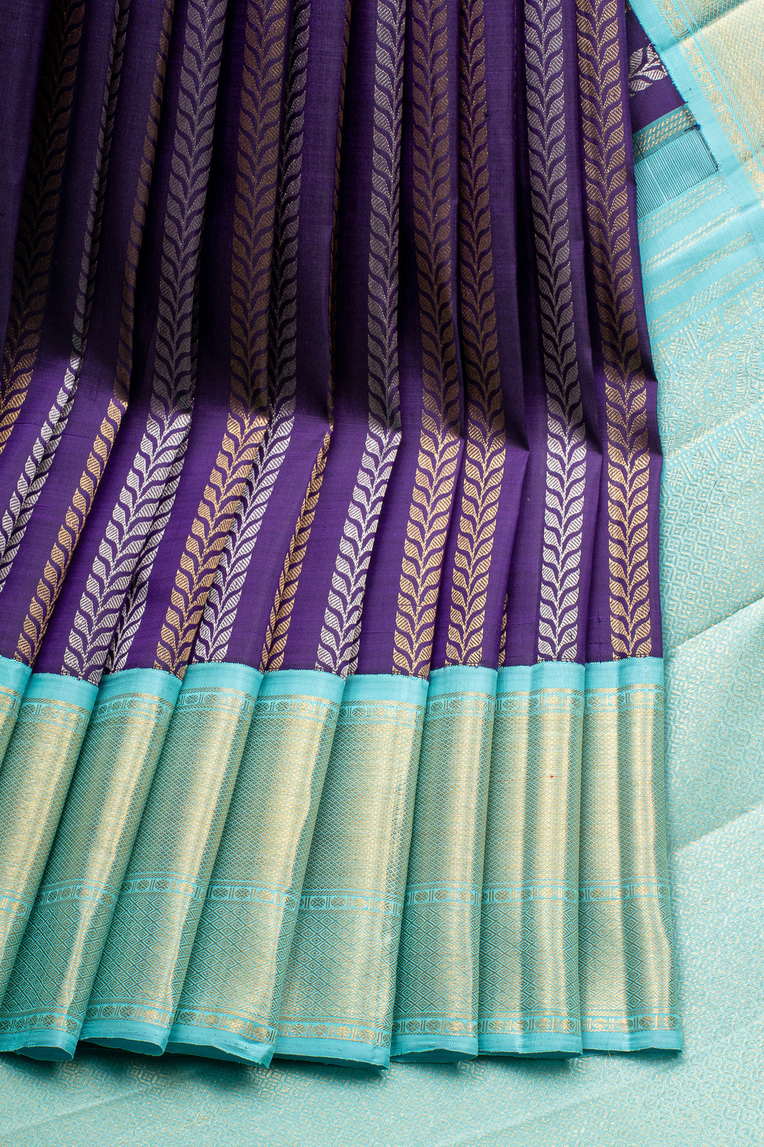 Purple Stripes & Teal Blue Pure Kanchipuram Silk Saree