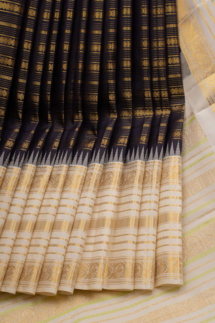 Black &amp; Ivory Varisaipettu Pure Kanchipuram Silk Saree