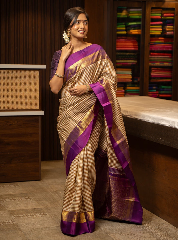 Beige and Cream Checks Pure Kanchipuram Silk Saree - Clio Silks