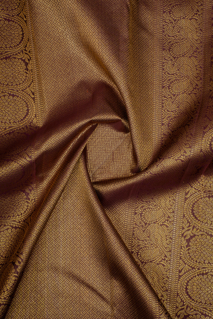 Yellow &amp; Jamun Checks Pure Kanchipuram Silk Saree