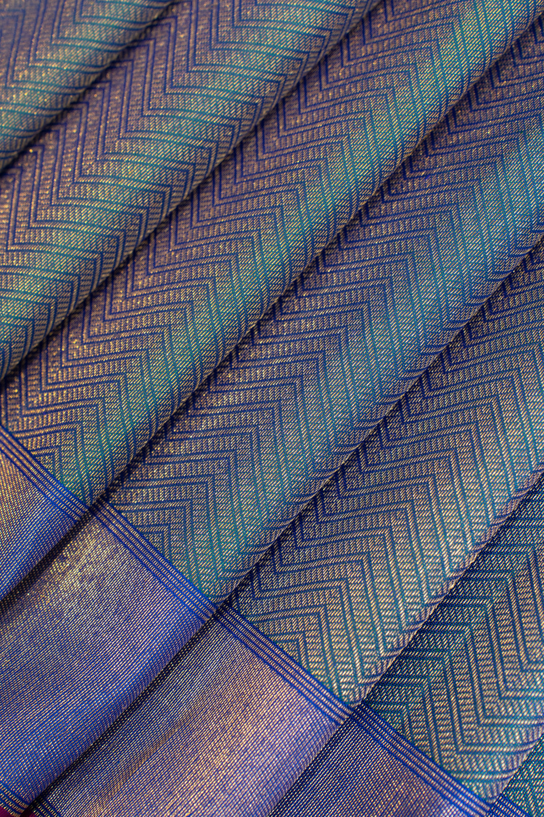 Peacock blue chevron pure zari brocade Kanchipuram silk saree