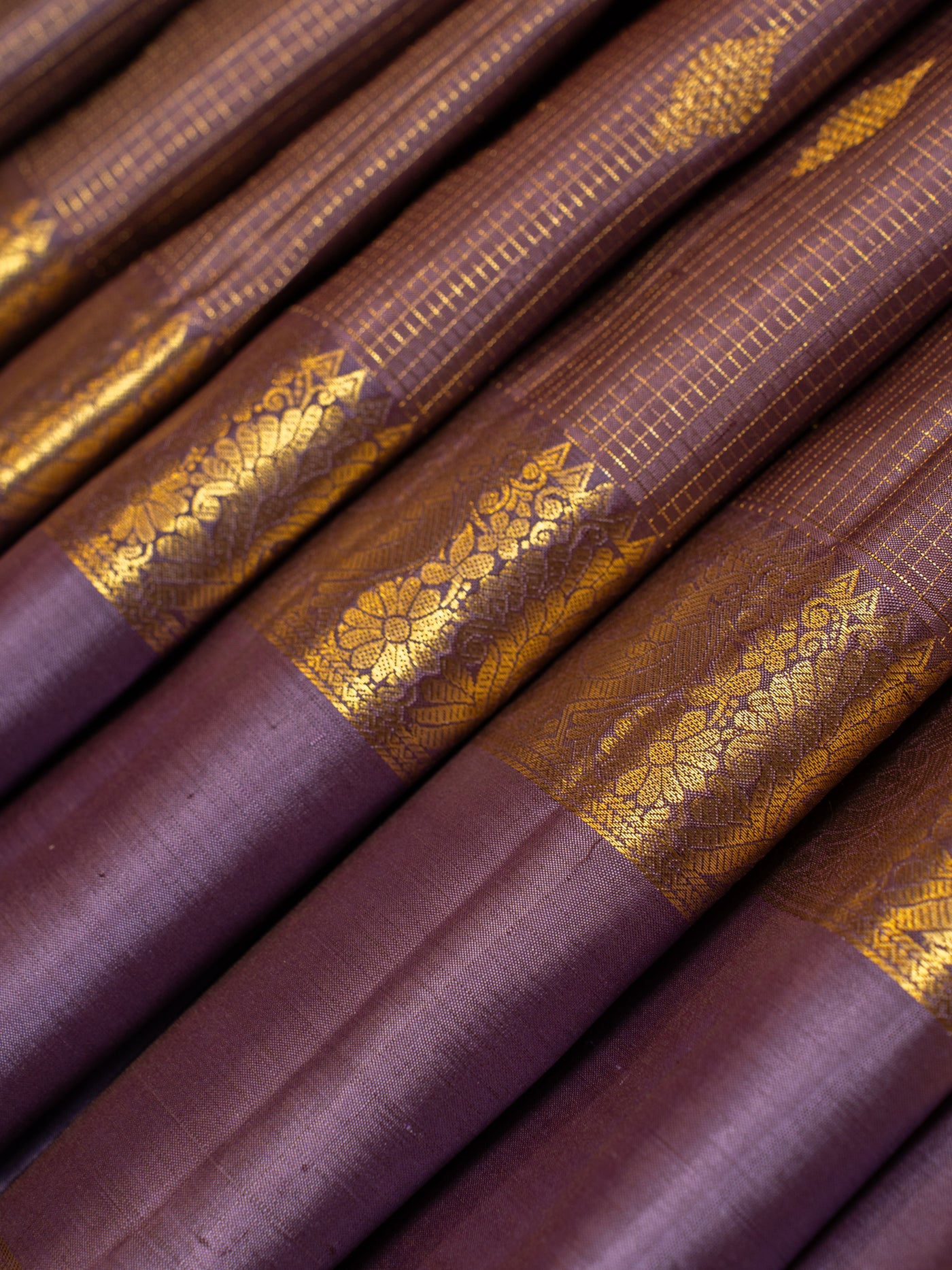 Heather purple zari checks pure Kanchipuram silk saree