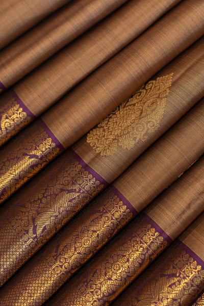 Beige and purple traditional pure Kanchipuram silk saree