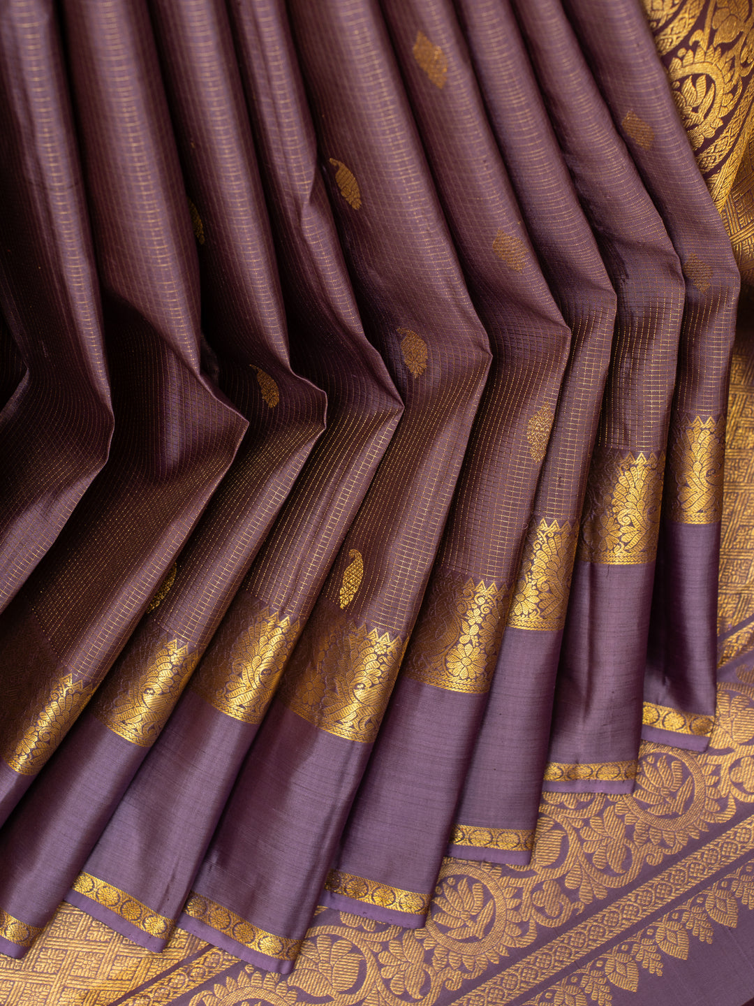 Heather purple zari checks pure Kanchipuram silk saree