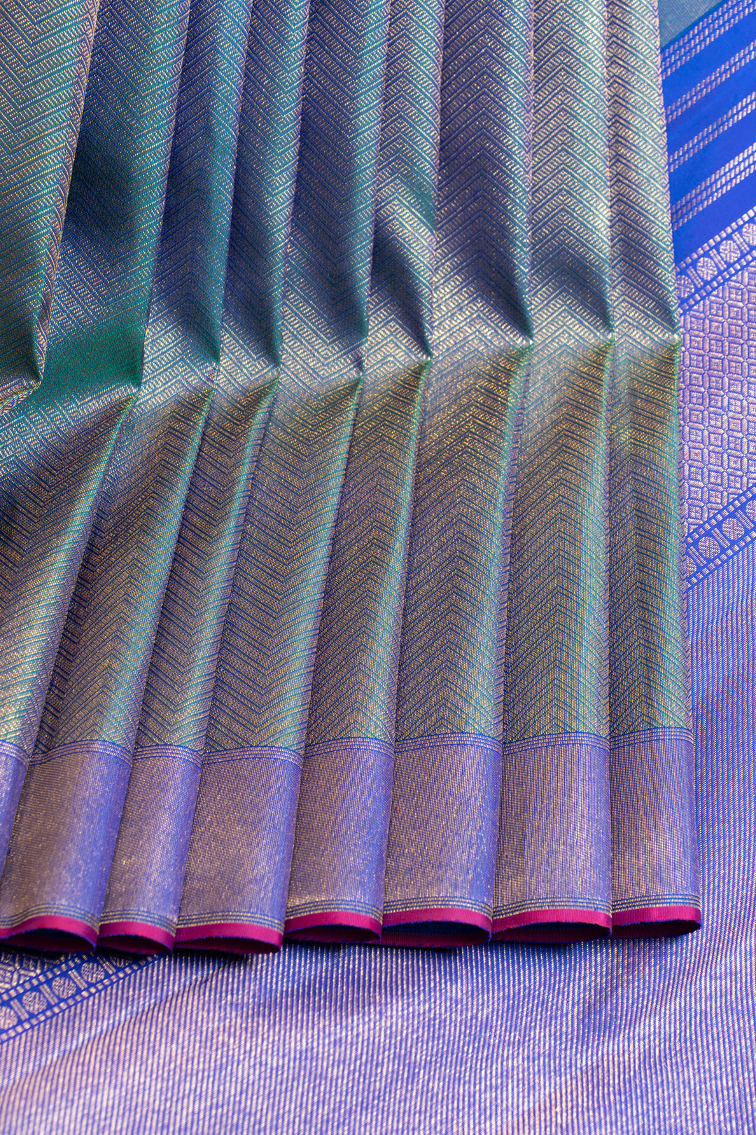 Peacock blue chevron pure zari brocade Kanchipuram silk saree