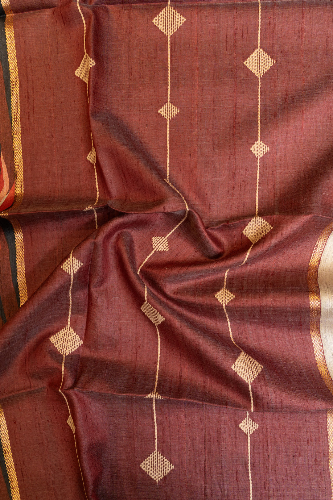 Beige and red handprinted pure Tussar silk saree