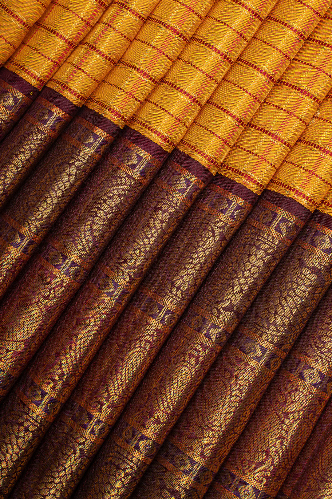 Yellow &amp; Jamun Checks Pure Kanchipuram Silk Saree