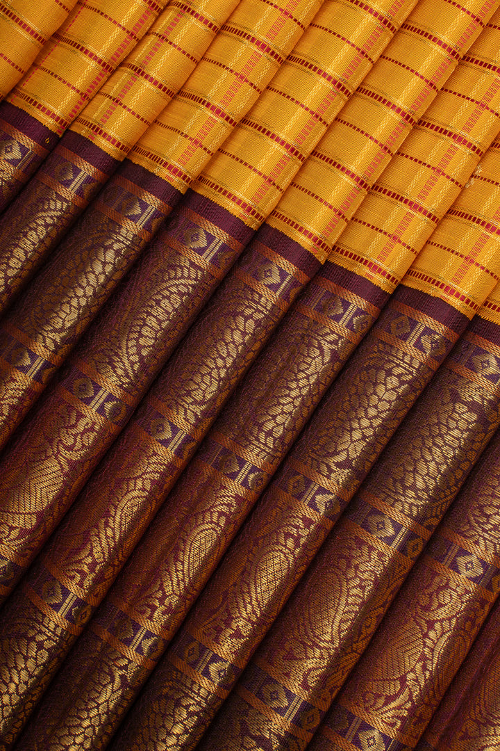 Yellow &amp; Jamun Checks Pure Kanchipuram Silk Saree
