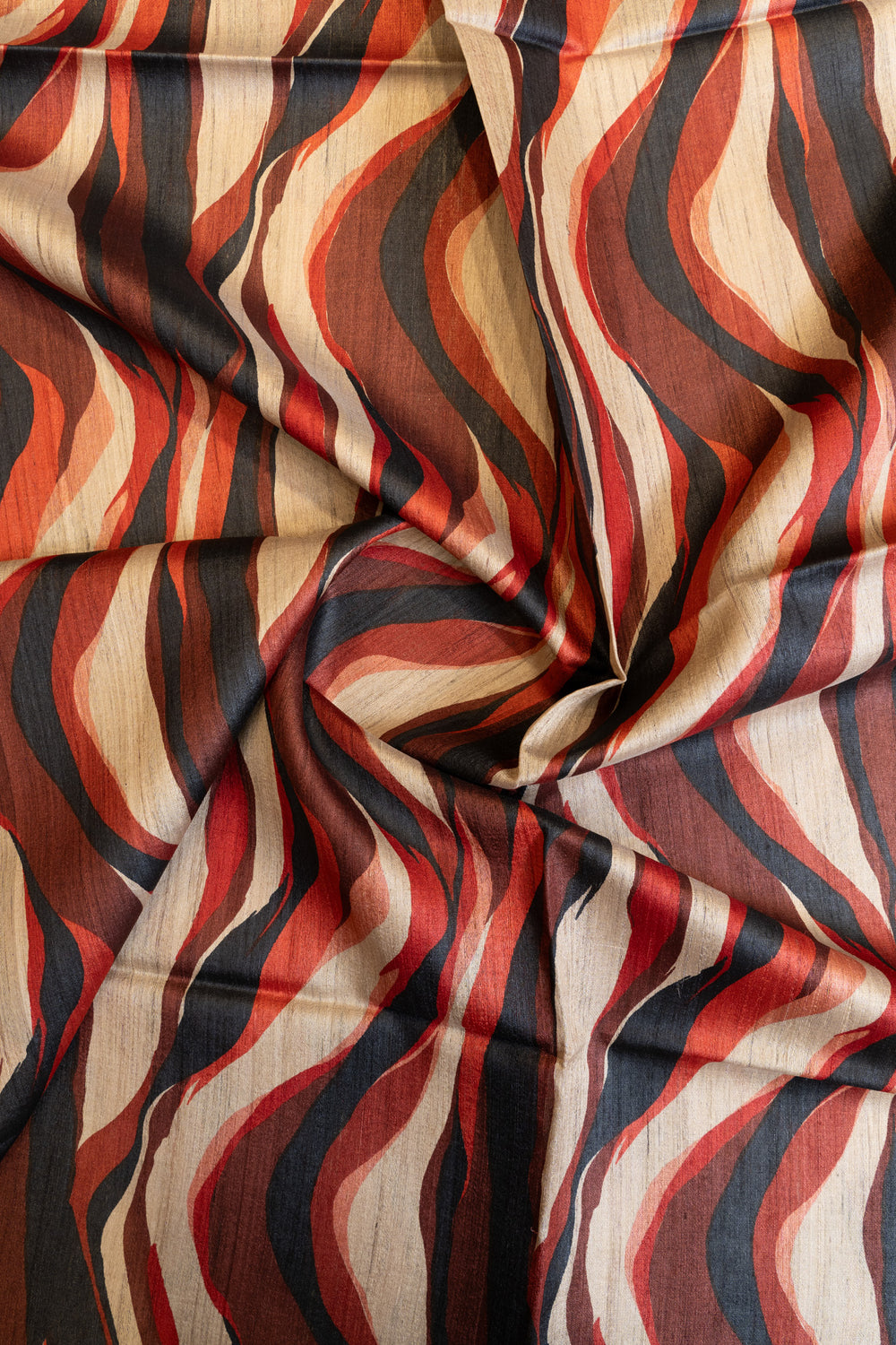 Beige and red handprinted pure Tussar silk saree
