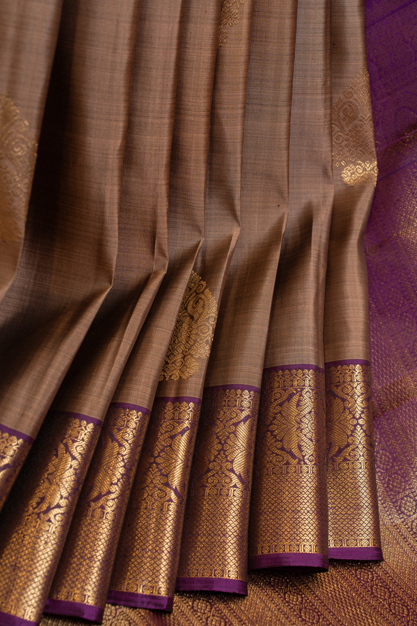 Beige and purple traditional pure Kanchipuram silk saree