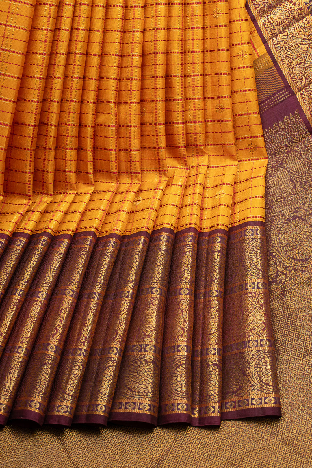 Yellow &amp; Jamun Checks Pure Kanchipuram Silk Saree