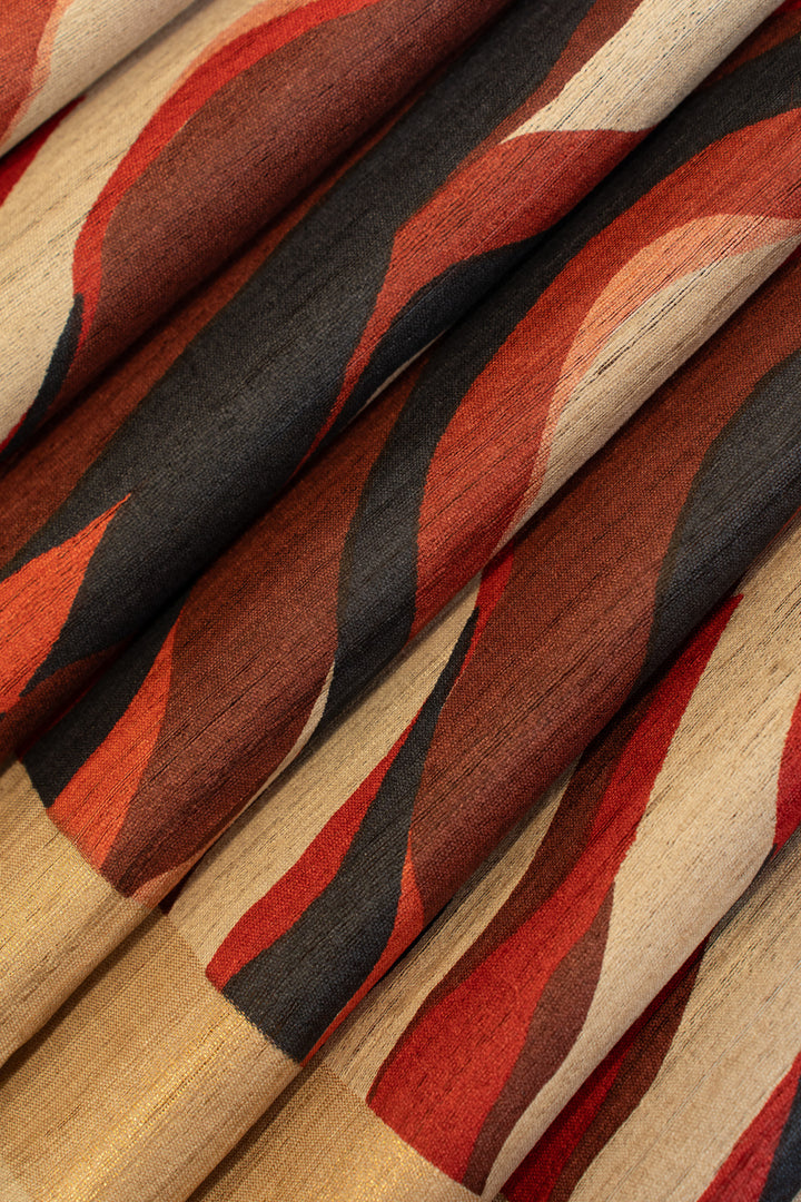 Beige and red handprinted pure Tussar silk saree