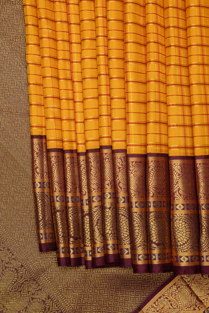 Yellow &amp; Jamun Checks Pure Kanchipuram Silk Saree