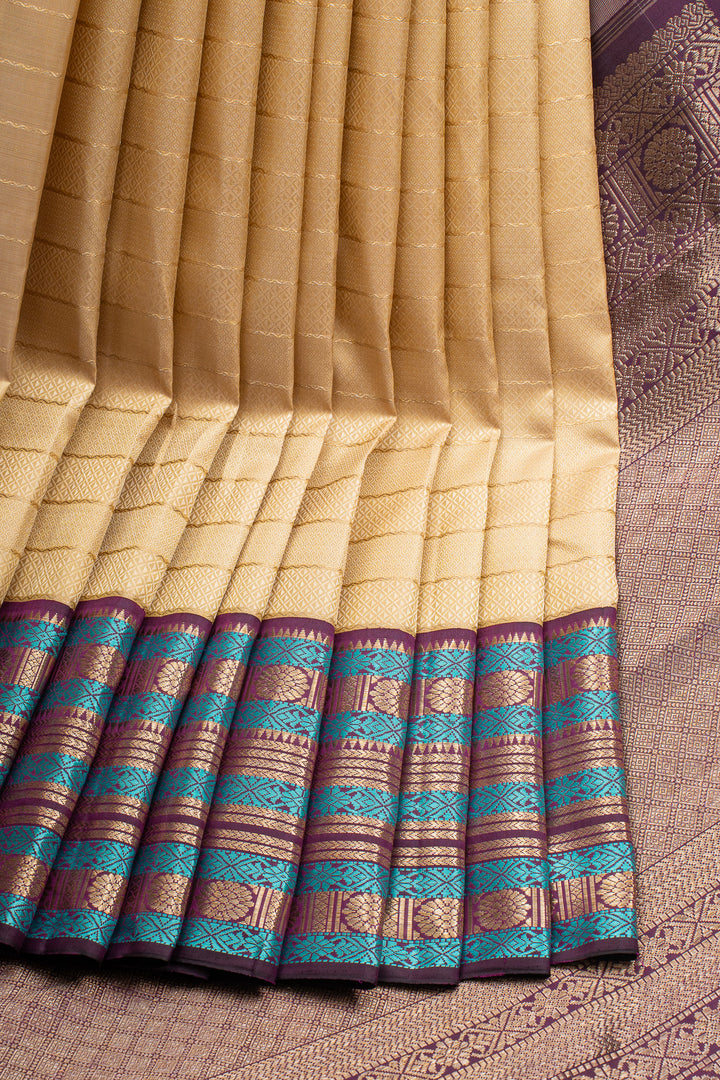 Beige &amp; Jamun Thread Brocade Varisaipettu Pure Kanchipuram Silk Saree