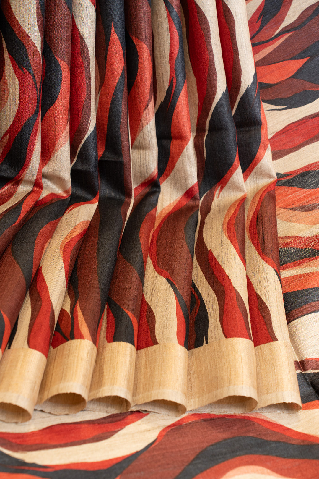 Beige and red handprinted pure Tussar silk saree