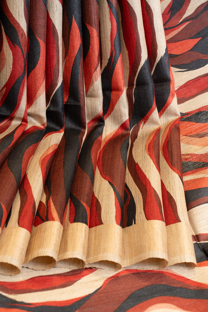 Beige and red handprinted pure Tussar silk saree