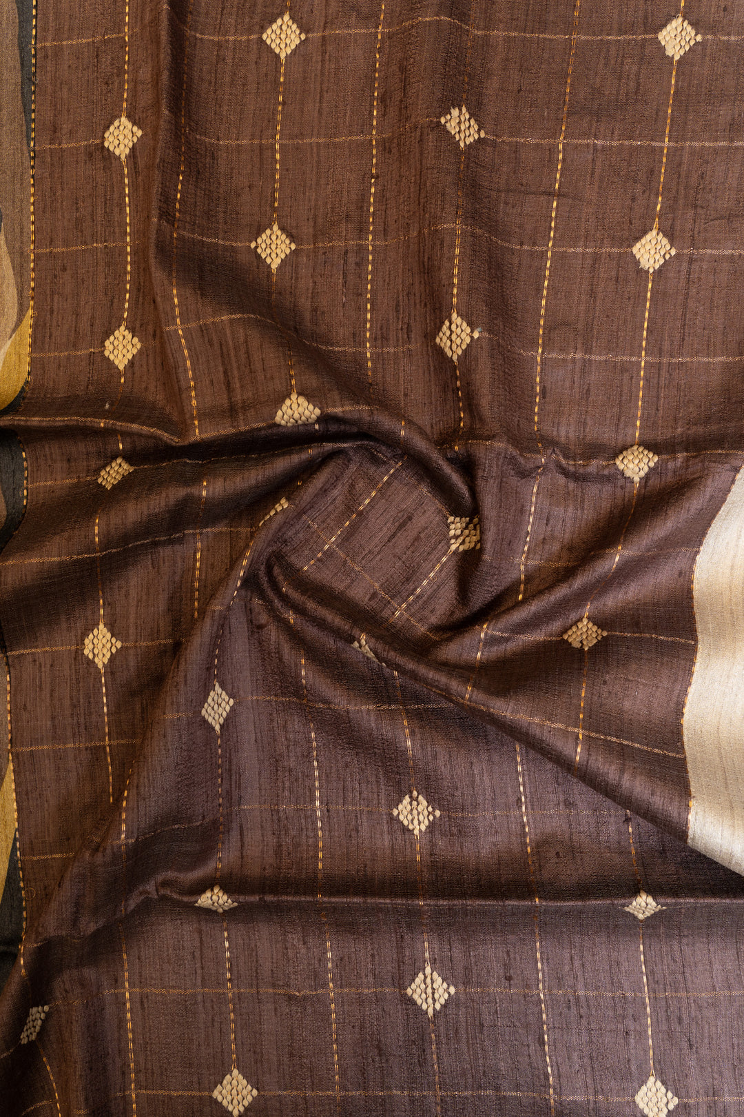 Beige and brown handprinted abstract pure Tussar silk saree