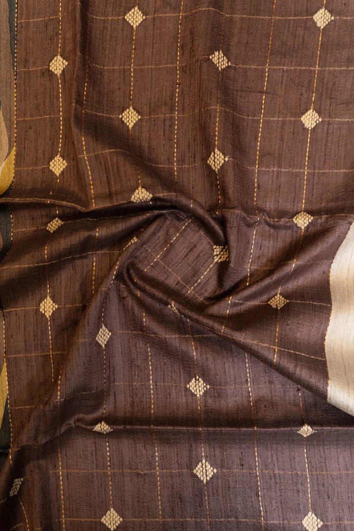 Beige and brown handprinted abstract pure Tussar silk saree