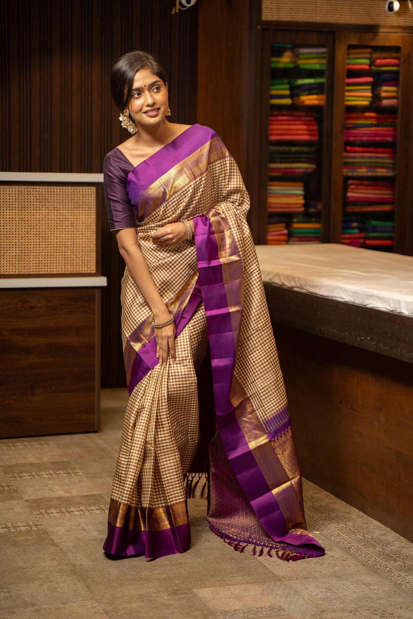 Beige and Cream Checks Pure Kanchipuram Silk Saree - Clio Silks