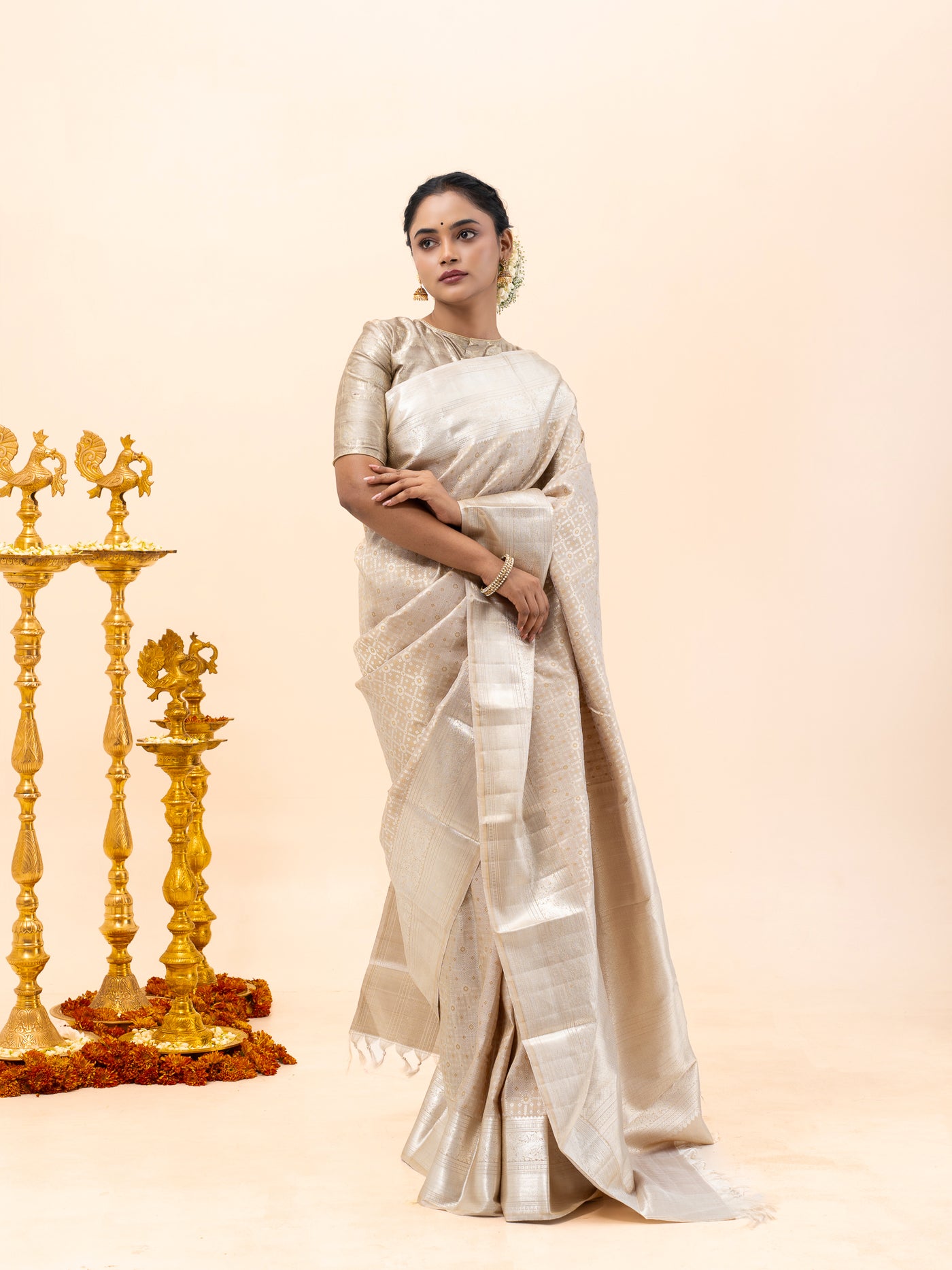 Hazel Beige Brocade Pure Kanchipuram Silk Saree