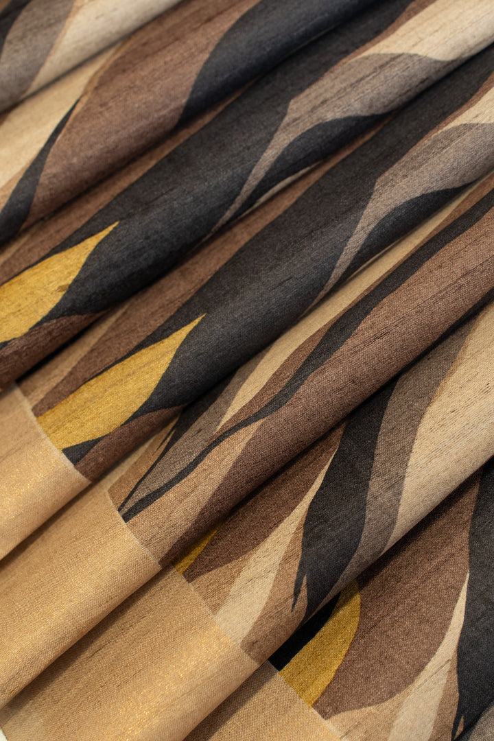 Beige and brown handprinted abstract pure Tussar silk saree