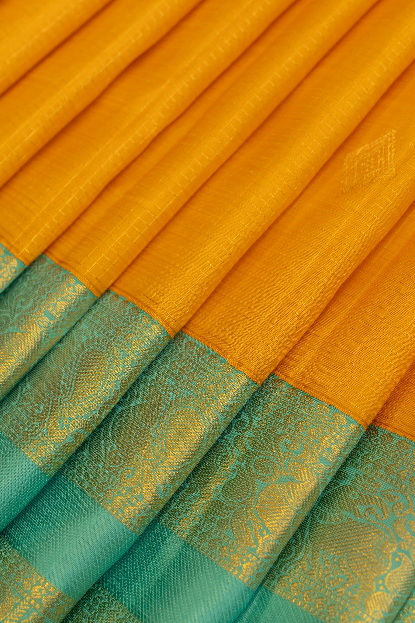 Yellow and turquoise blue pure Kanchipuram silk saree