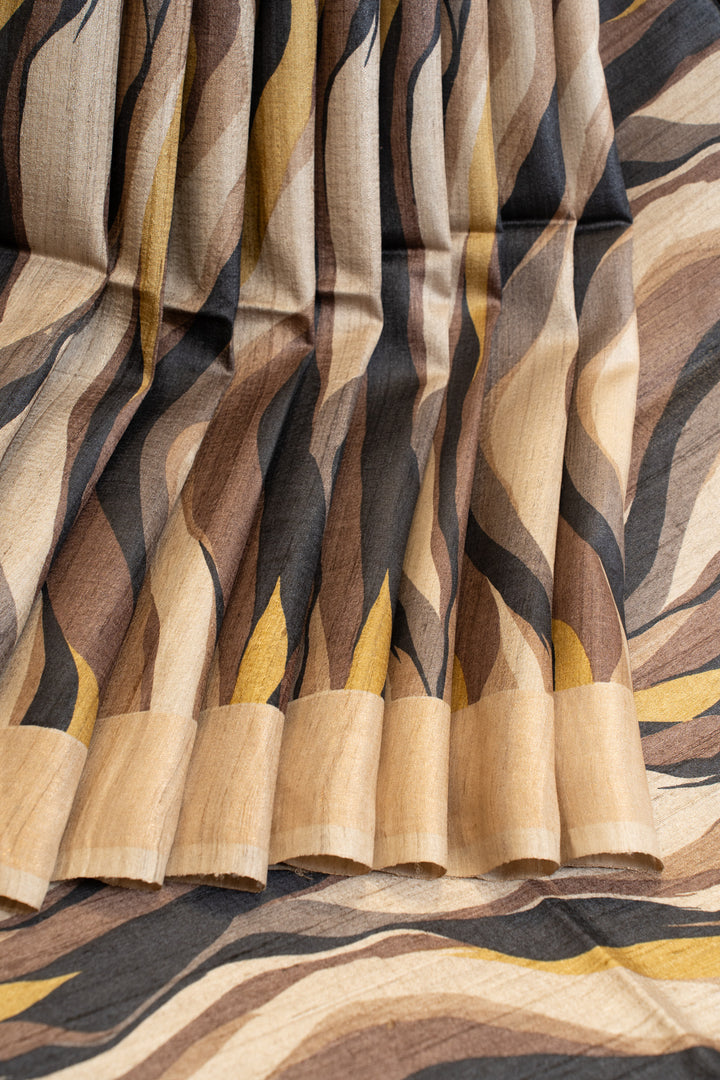 Beige and brown handprinted abstract pure Tussar silk saree