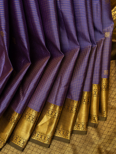 Royal purple zari checks pure Kanchipuram silk saree