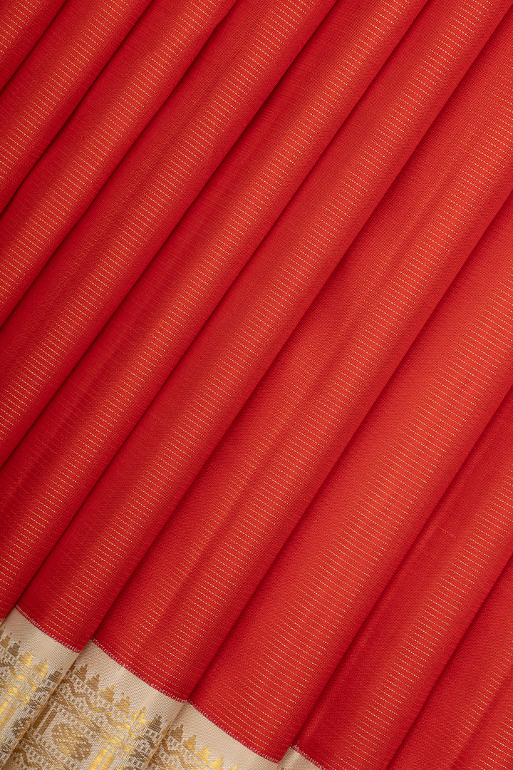 Red &amp; Ivory Stripes Pure Kanchipuram Silk Saree