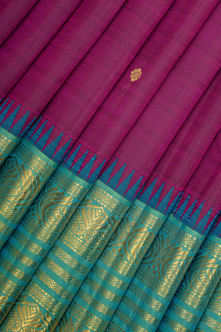 Purple &amp; Peacock Blue Traditional Pure Kanchipuram Silk Saree