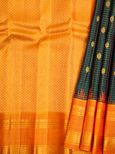 Bottle Green and Orange Pure Gadwal Silk Saree - Clio Silks