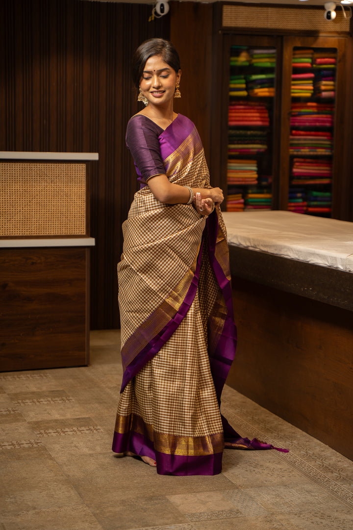 Beige and Cream Checks Pure Kanchipuram Silk Saree - Clio Silks