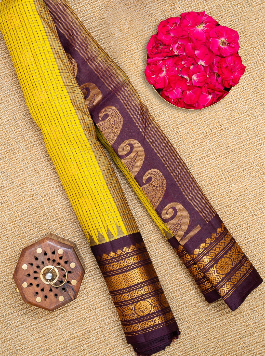 Lime Yellow and Jamun Pure Gadwal Silk Saree - Clio Silks