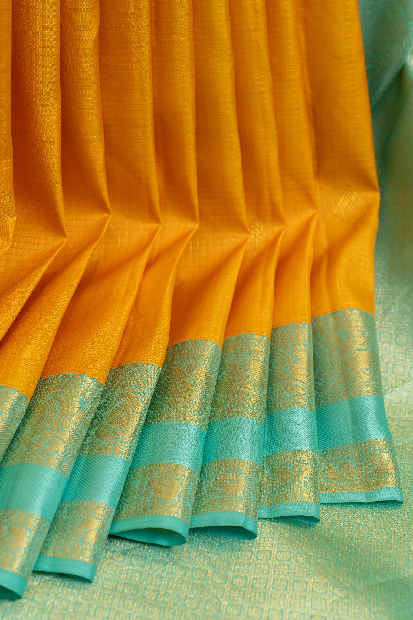 Yellow and turquoise blue pure Kanchipuram silk saree