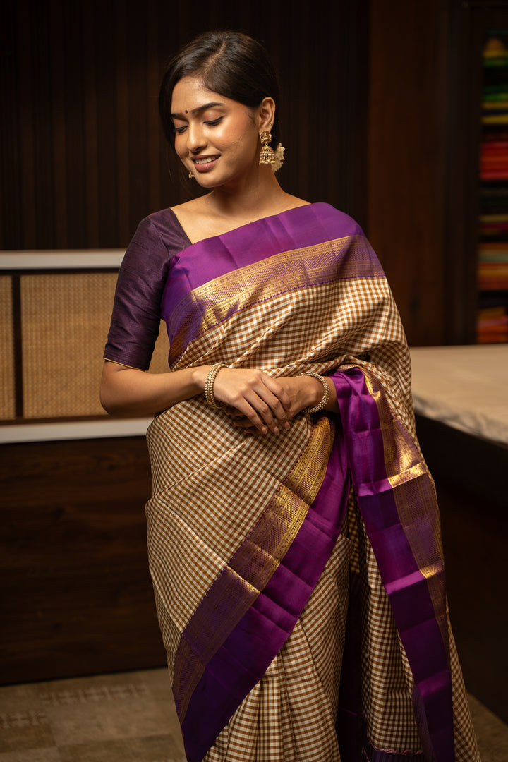 Beige and Cream Checks Pure Kanchipuram Silk Saree - Clio Silks