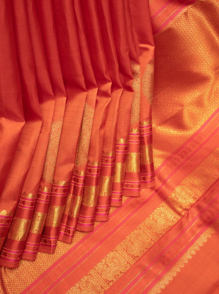 Scarlet Red and Pink Traditional Pure Kanchipuram Silk Saree - Clio Silks