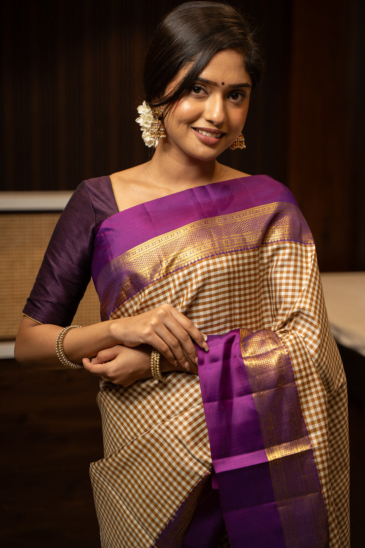 Beige and Cream Checks Pure Kanchipuram Silk Saree - Clio Silks