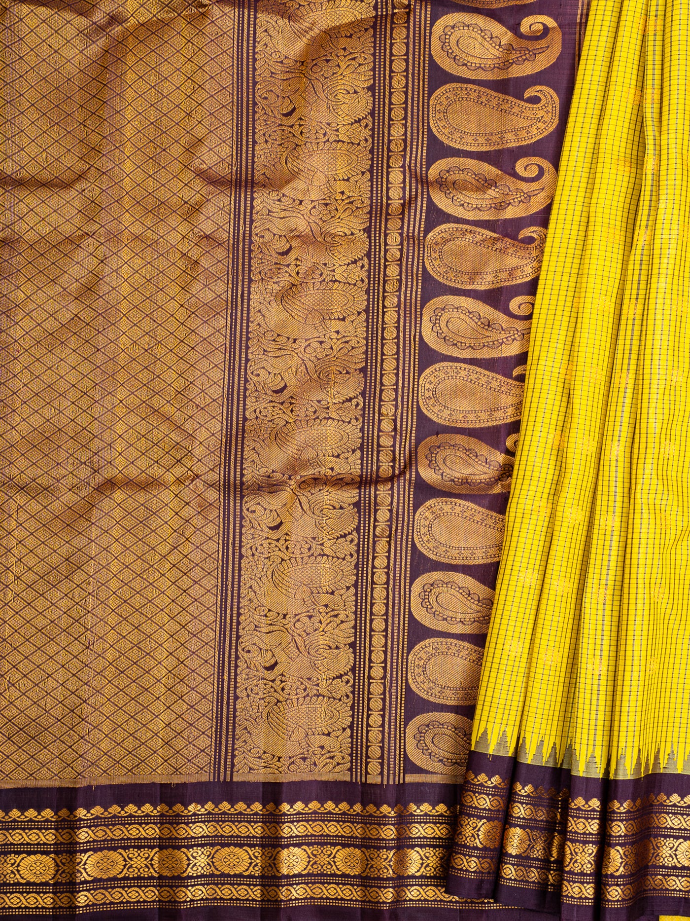 Lime Yellow and Jamun Pure Gadwal Silk Saree - Clio Silks
