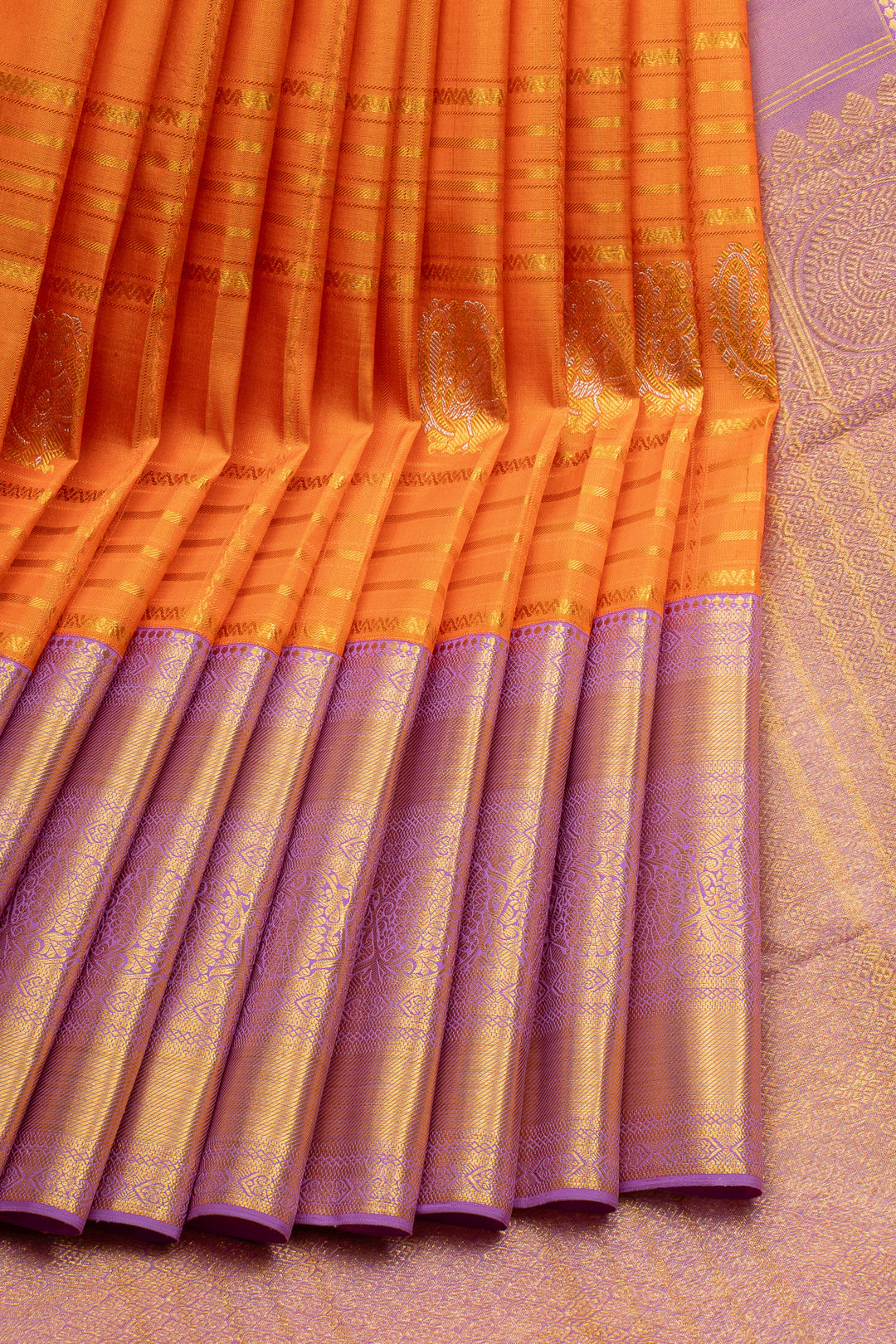 Orange and Lilac Stripes Pure Kanchipuram Silk Saree