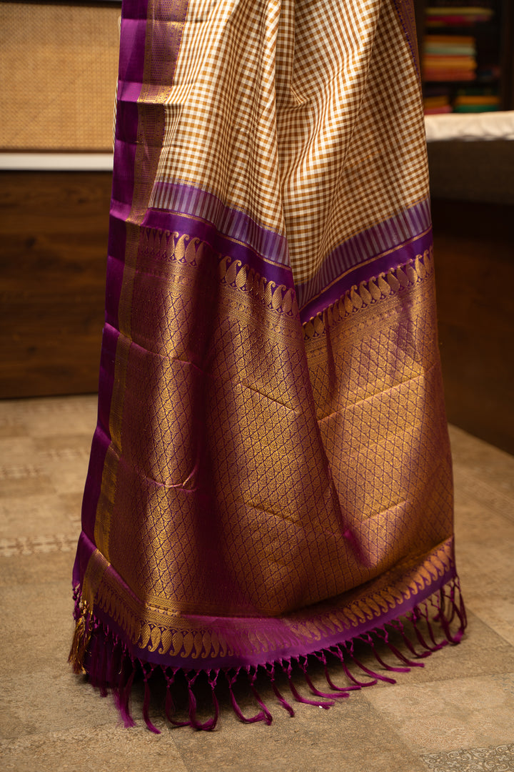 Beige and Cream Checks Pure Kanchipuram Silk Saree - Clio Silks