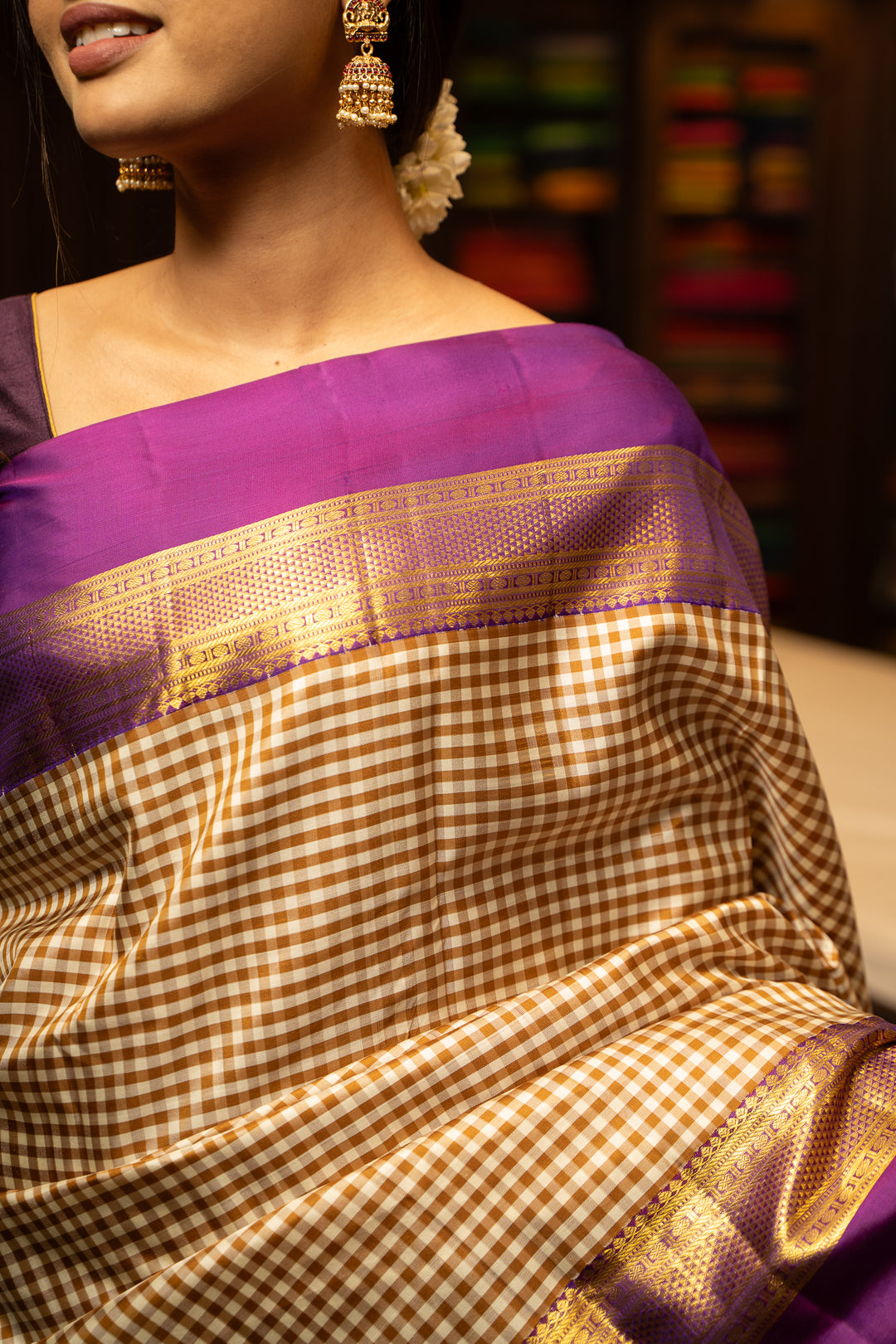 Beige and Cream Checks Pure Kanchipuram Silk Saree - Clio Silks