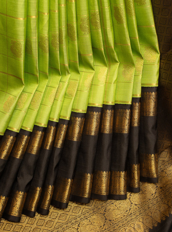 Parrot Green and Black Pure Zari Kanchipuram Silk Saree - Clio Silks