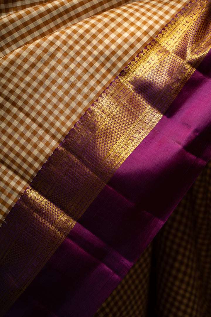 Beige and Cream Checks Pure Kanchipuram Silk Saree - Clio Silks