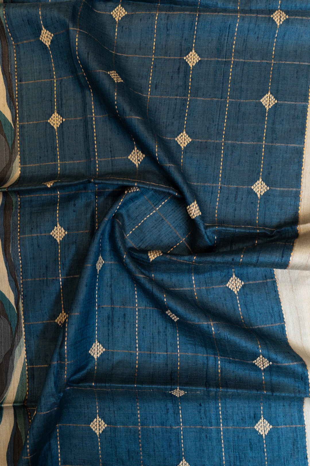 Beige and blue abstract handprinted pure Tussar saree