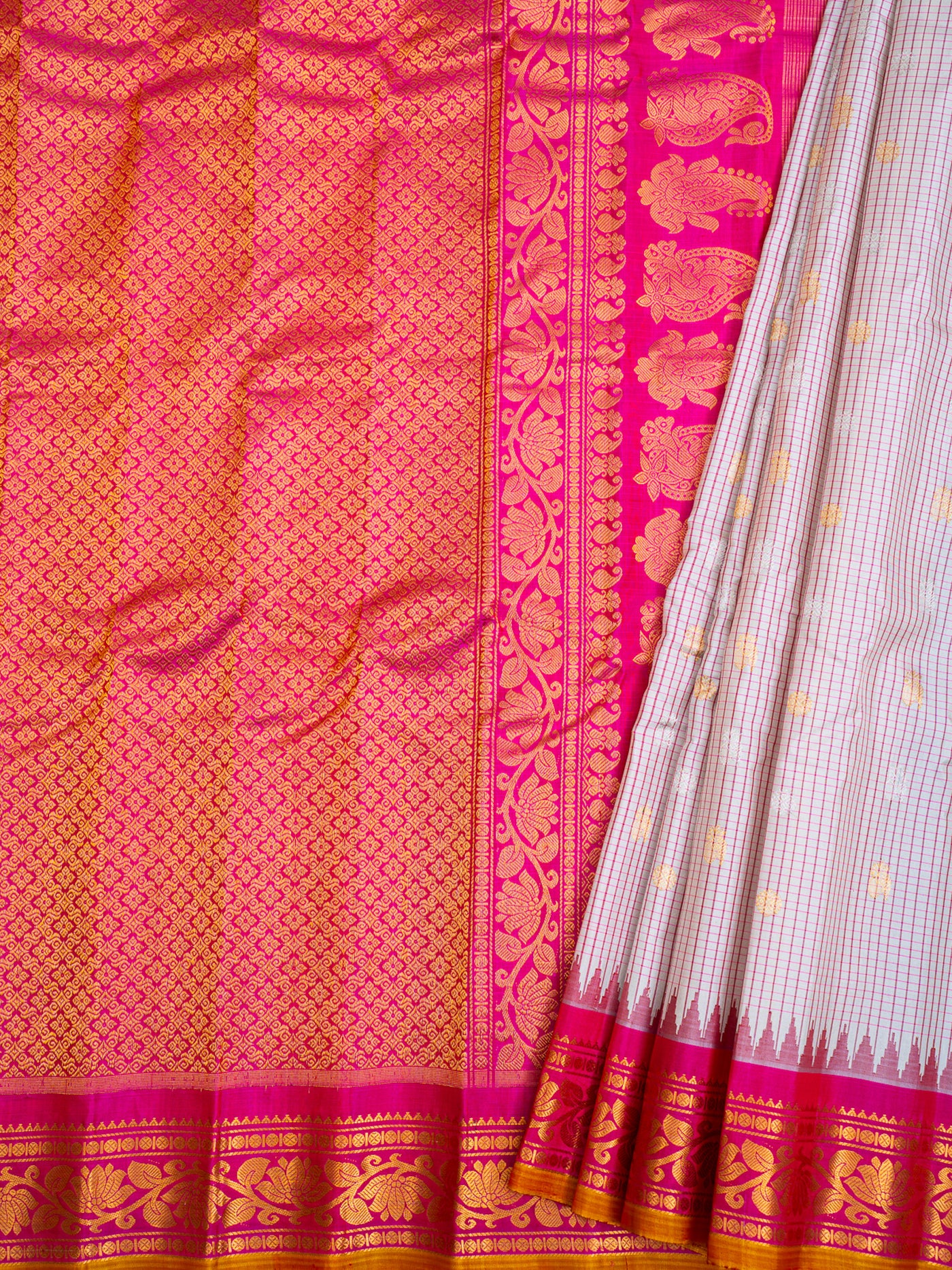 Pearl White and Pink Pure Gadwal Silk Saree - Clio Silks