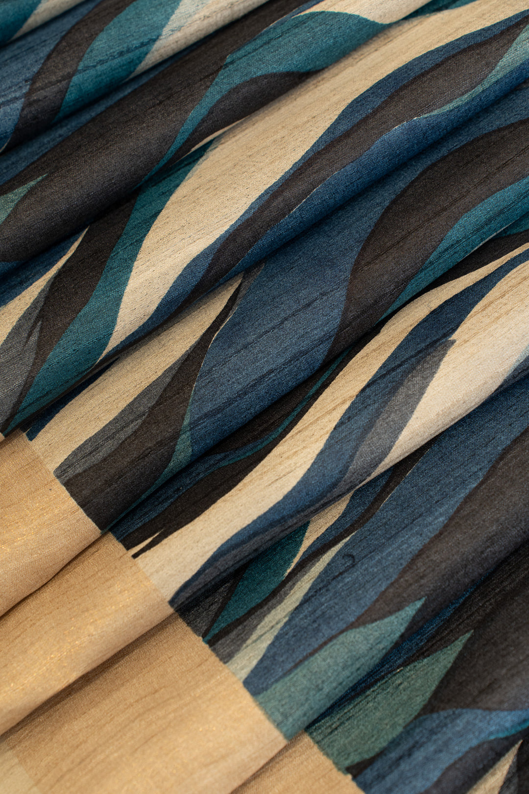 Beige and blue abstract handprinted pure Tussar saree