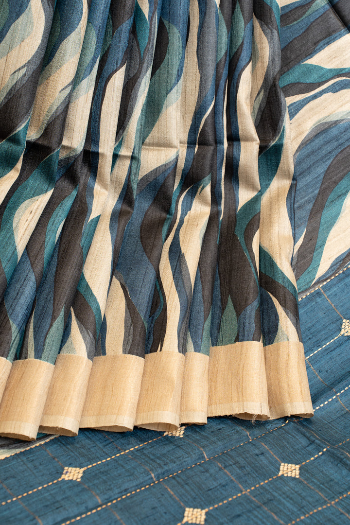 Beige and blue abstract handprinted pure Tussar saree