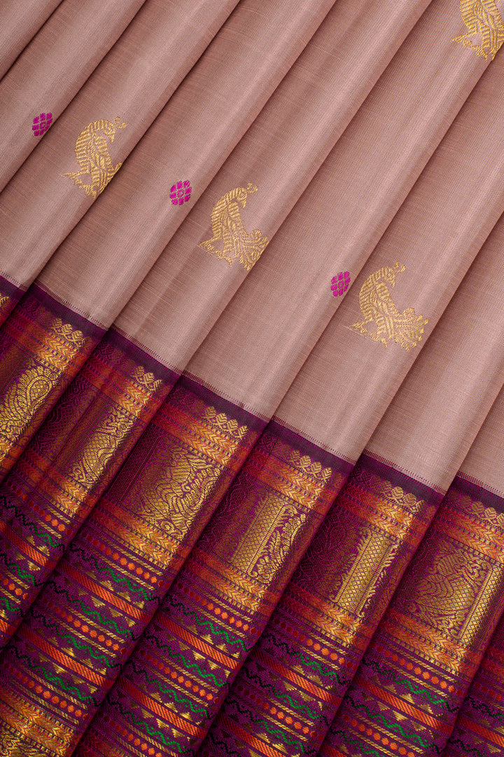 Mauve Peacock Motifs Traditional Pure Kanchipuram Silk Saree