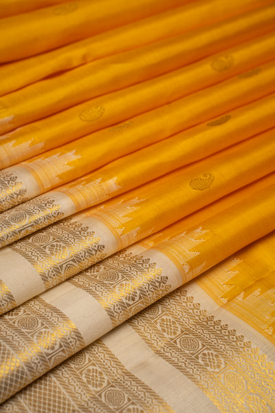 Mango Yellow and Ivory Pure Kanchipuram Silk Saree - Clio Silks