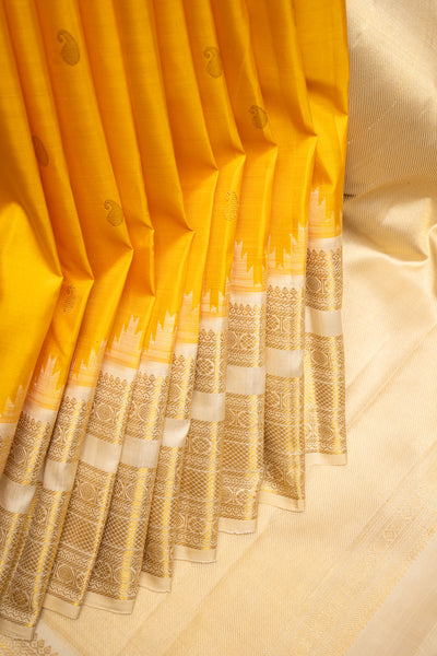 Mango Yellow and Ivory Pure Kanchipuram Silk Saree - Clio Silks